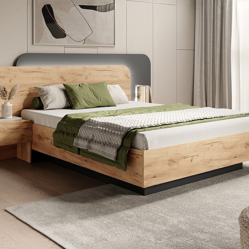 Łóżko ze skrzynią i szafkami nocnymi 160 x 200 cm - Z oświetleniem LED - Naturalny i antracytowy + Materac - DESADO