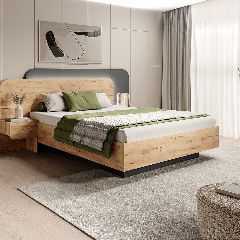 Łóżko ze skrzynią i szafkami nocnymi 160 x 200 cm - Z oświetleniem LED - Naturalny i antracytowy - DESADO