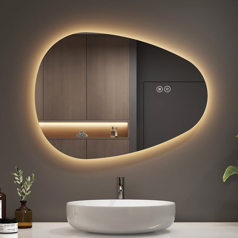 EMKE Asymetryczne Lustro łazienkowe z oświetleniem LED 60x45 cm, z 3 barwy światła, możliwość ściemniania, przeciwmgielne, funkcja pamięci, IP44