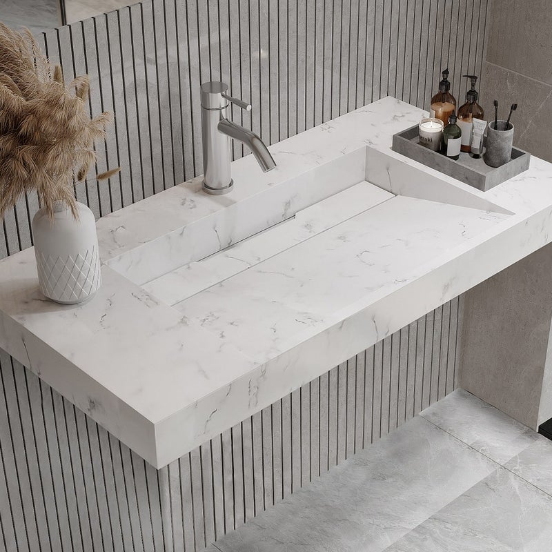 Umywalka wisząca solid surface biała - szer. 90,2 x gł. 45,2 x wys. 8 cm - TAKOTNA