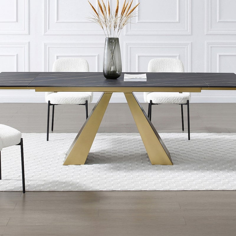 Stół do jadalni rozkładany dla 6 do 10 osób ze szkła hartowanego, ceramiki i metalu - Efekt czarnego marmuru i złoty - LOZIPA marki Maison Céphy