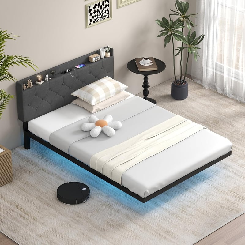 Rama Łóżka Design Flottant 140 x 200 cm, Podwójne Łóżko Platformowe z Oświetleniem LED RGB, Regulowanym Zagłówkiem i Stacją Ładującą, Nośność 300 kg