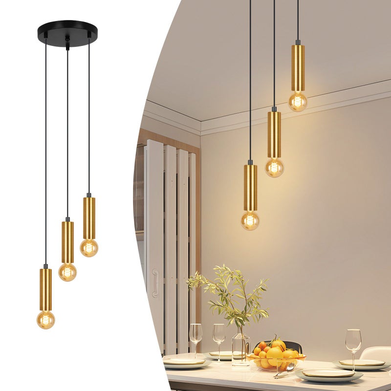 NETTLIFE Lampa wisząca 3 żarówki Złota lampa wisząca E27 Lampa do jadalni w stylu industrialnym Metalowy stół jadalny