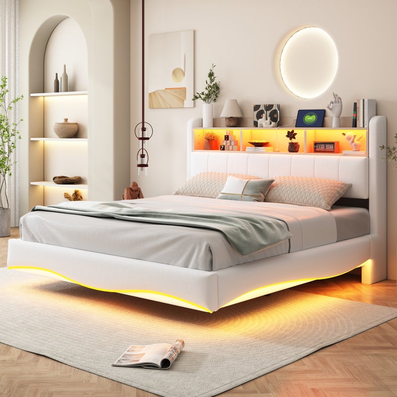 Łóżko tapicerowane 160 x 200 cm z zagłówkiem - LED-y, USB i TYPE-C - Tkanina lniana - Stelaż z listew - Beżowy
