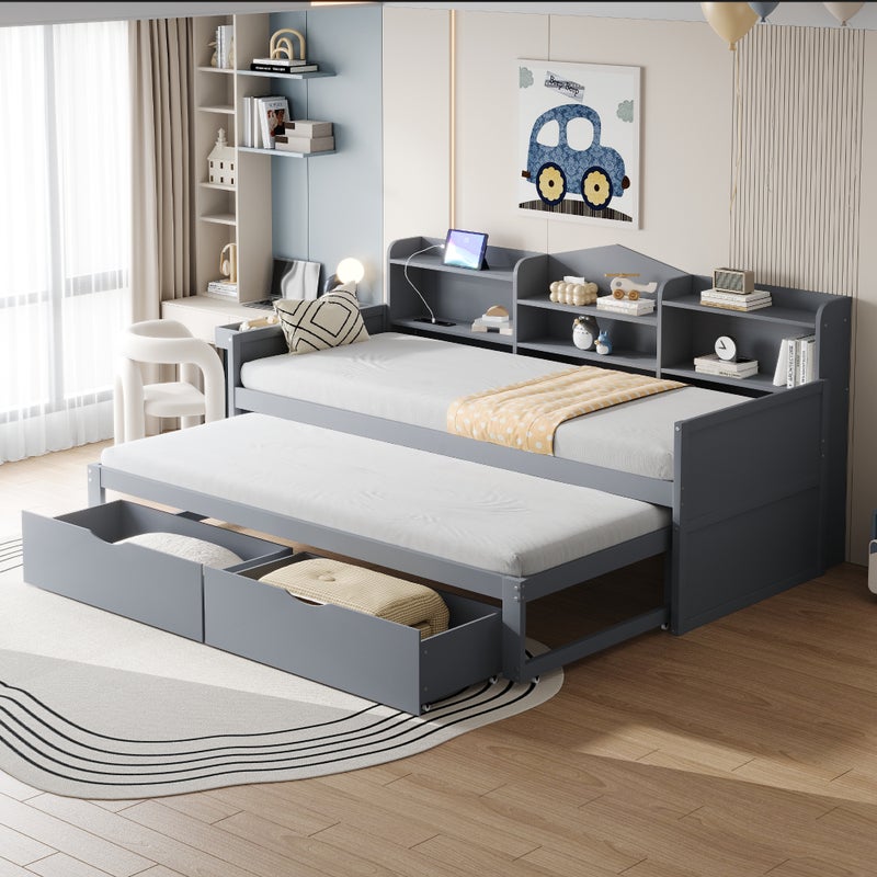 Łóżko wysuwane 90 x 200 + 90 x 190 cm z 2 szufladami, półkami i portem USB - Płyta wiórowa i MDF - Szary