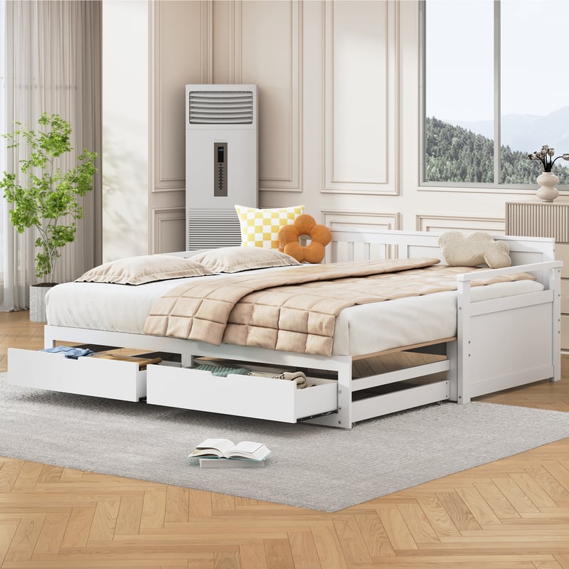 Łóżko wysuwane 90/180 x 190 cm z 2 szufladami dla dzieci - Sosna + sklejka + MDF - kolor biały