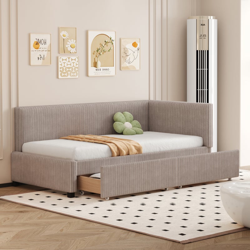 Łóżko tapicerowane 90 x 200 cm z zagłówkiem i 2 szufladami - Aksamit - Sofa rozkładana - Stelaż listwowy - Szary