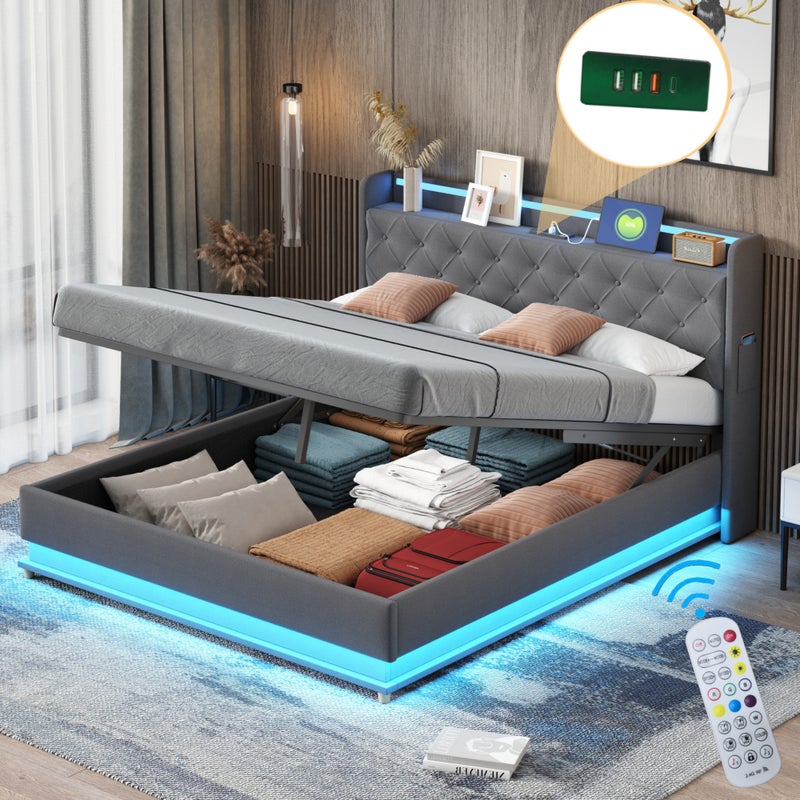 Łóżko z pojemnikiem i zagłówkiem 160 x 200 cm - Port USB + diody LED - Tkanina lniana - w zestawie stelaż z listew - Szare
