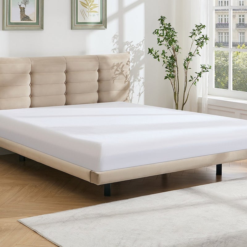 Łóżko 140 x 190 cm z pikowanym zagłówkiem - Welur - Beżowy - NISATIO