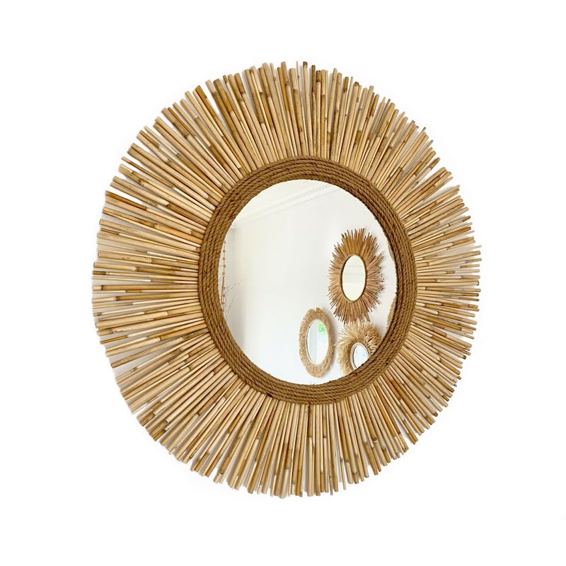 Ręcznie wykonane okrągłe lustro z bambusowymi trzcinami i naturalną jutą - TEXAS CORD Ø całkowita 100 cm