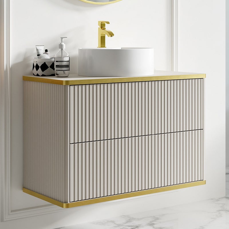 Szafka łazienkowa wisząca ryflowana ze złotą listwą i okrągłą umywalką nablatową - Beżowy - 80 cm - KELIZA