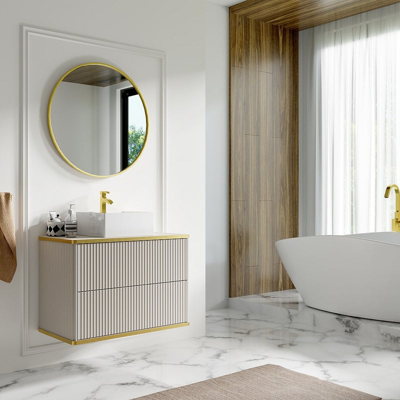 Szafka pod umywalkę wisząca ryflowana ze złotą listwą - Beżowy - szer. 80 cm - KELIZA