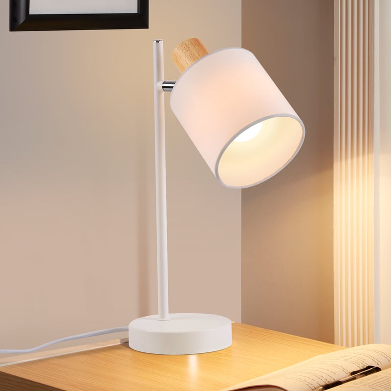 NETTLIFE Vintage drewniana lampka nocna 35,5cm E14 Biała lampa stołowa Klosz z tkaniny z regulowanym włącznikiem bez żarówki