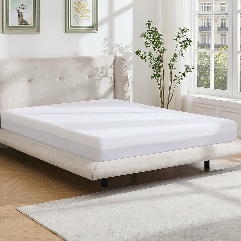 Łóżko 140 x 190 cm z pikowanym zagłówkiem - Tkanina - Beżowy + Materac - PENAVI