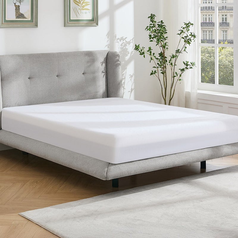 Łóżko 140 x 190 cm z pikowanym zagłówkiem - Tkanina - Jasnoszary + Materac - PENAVI