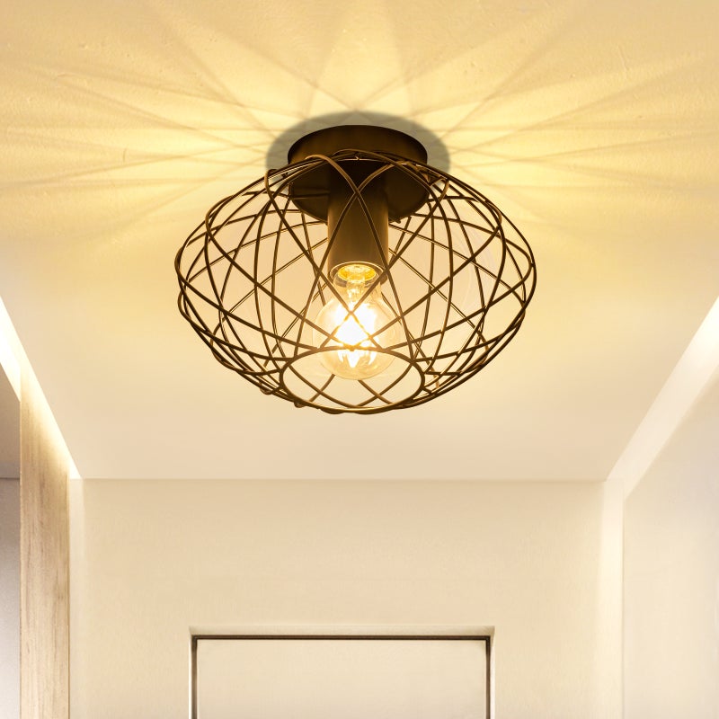 NETTLIFE Czarna lampa sufitowa w kształcie klatki, vintage'owy Reflektorowa sufitowy E27, oprawka metalowa
