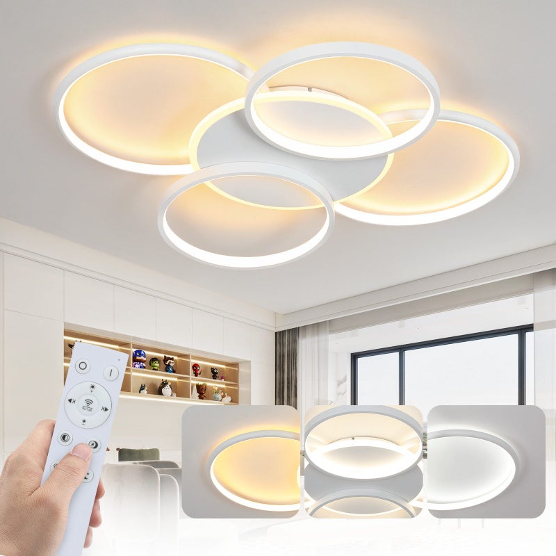 NETTLIFE Lampa sufitowa LED do salonu ściemnialna 70 W z pilotem 5 pierścieni biała nowoczesna akrylowa ściemnialna