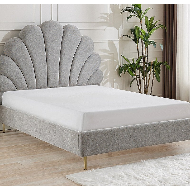 Łóżko z zagłówkiem w kształcie muszli 160 x 200 cm - Tkanina - Jasnoszary + Materac - LIVAYA