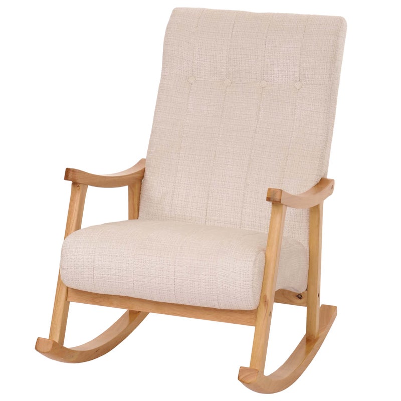 Fotel bujany HWC-K10, fotel relaksacyjny, drewno MVG tkanina/tekstylia szenilowe (465 g/m²) ~ kremowy, stelaż naturalny