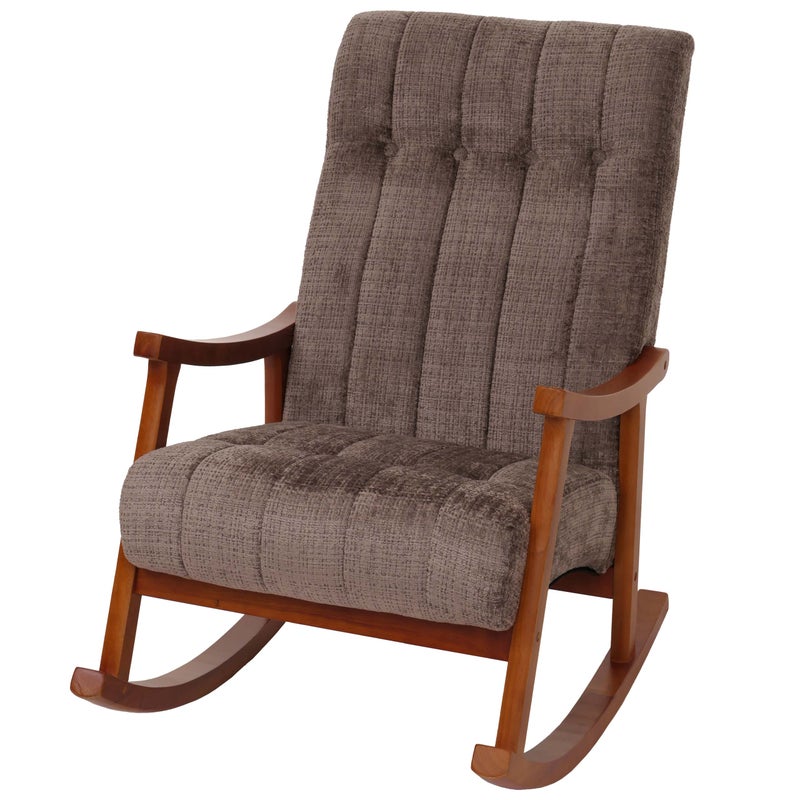 Fotel bujany HWC-K10, fotel relaksacyjny, drewno MVG tkanina/tekstylia szenil (465 g/m²) ~ brązowy, stelaż w wyglądzie orzecha włoskiego