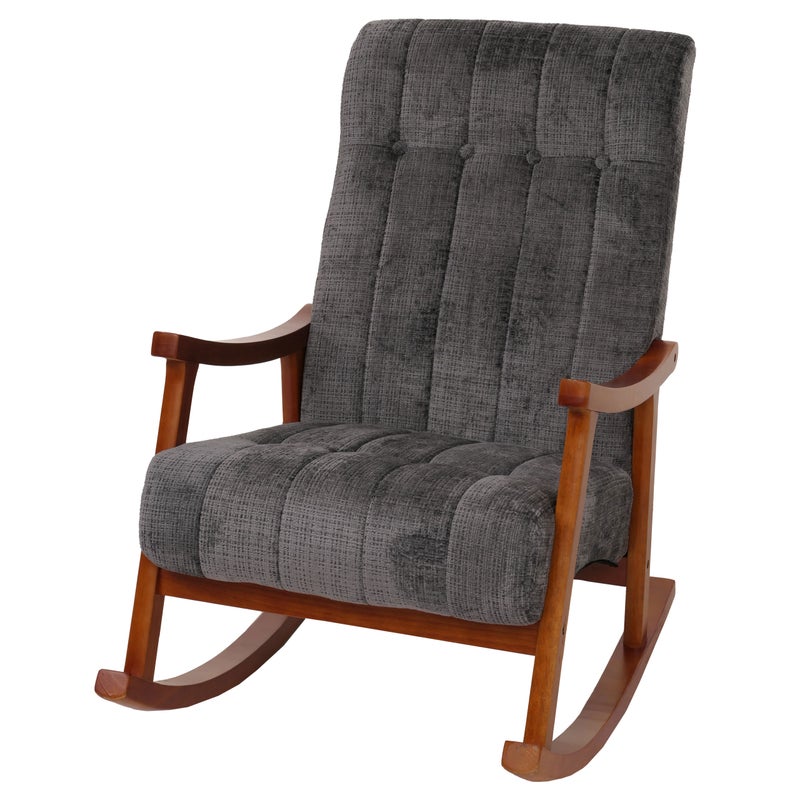 Fotel bujany HWC-K10, fotel relaksacyjny, drewno MVG tkanina/tekstylia szenilowe (465 g/m²) ~ ciemnoszary, stelaż w kolorze orzecha włoskiego