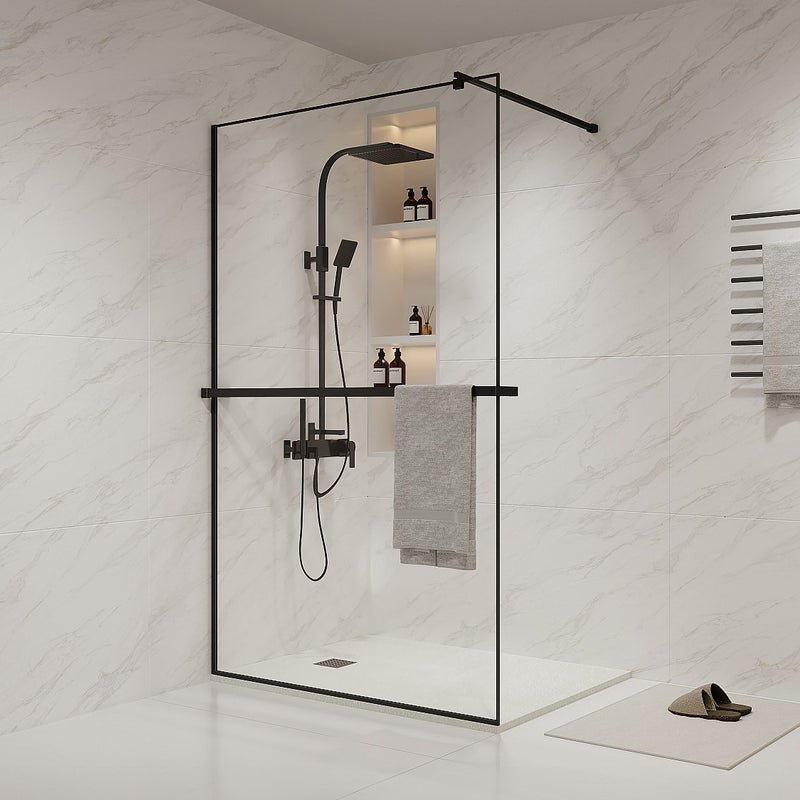 Ścianka prysznicowa do kabiny walk-in z wieszakiem na ręczniki i półeczką - 120 x 200 cm - Czarny mat - BONPERO