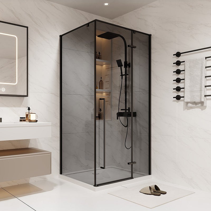 Ścianka prysznicowa z uchylnymi drzwiami ze szkła dymionego - szer. 100 x gł. 80 x wys. 190 cm - Czarny mat - TERMANIO