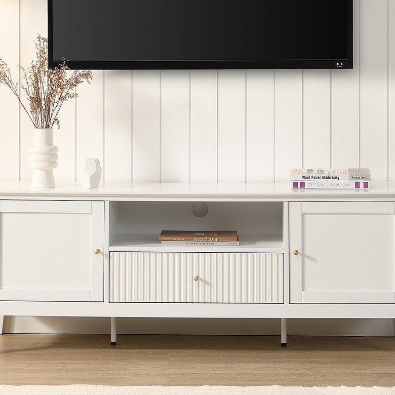 Szafka RTV z 2 zamykanymi schowkami, 1 szufladą i 1 wnęką z MDF - Biały - NARIVA