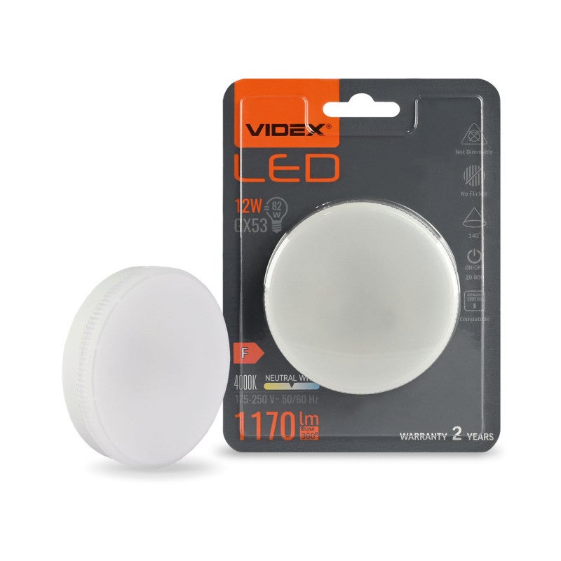 Żarówka GX53 12W okrągły mleczna Neutralna biel 4000K 1170lm Videx