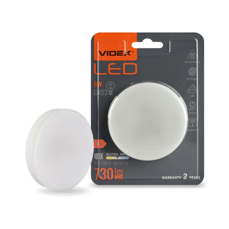 Żarówka GX53 8W okrągły mleczna Neutralna biel 4000K 730lm Videx