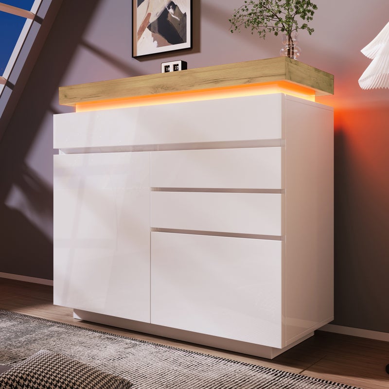 Komoda z 2 drzwiami i 3 szufladami - 110 x 39 x 115 cm - LED - Płyta wiórowa - do salonu, sypialni - Biała
