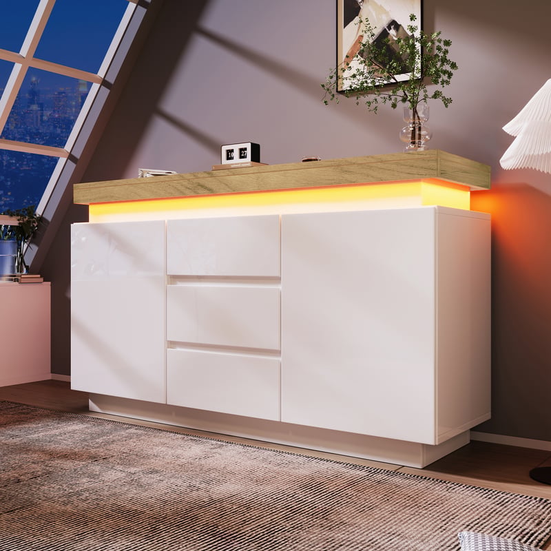 Komoda z 2 drzwiami i 3 szufladami - 140 x 39 x 81 cm - Diody LED - Płyta wiórowa - do salonu, sypialni - Kolor biały
