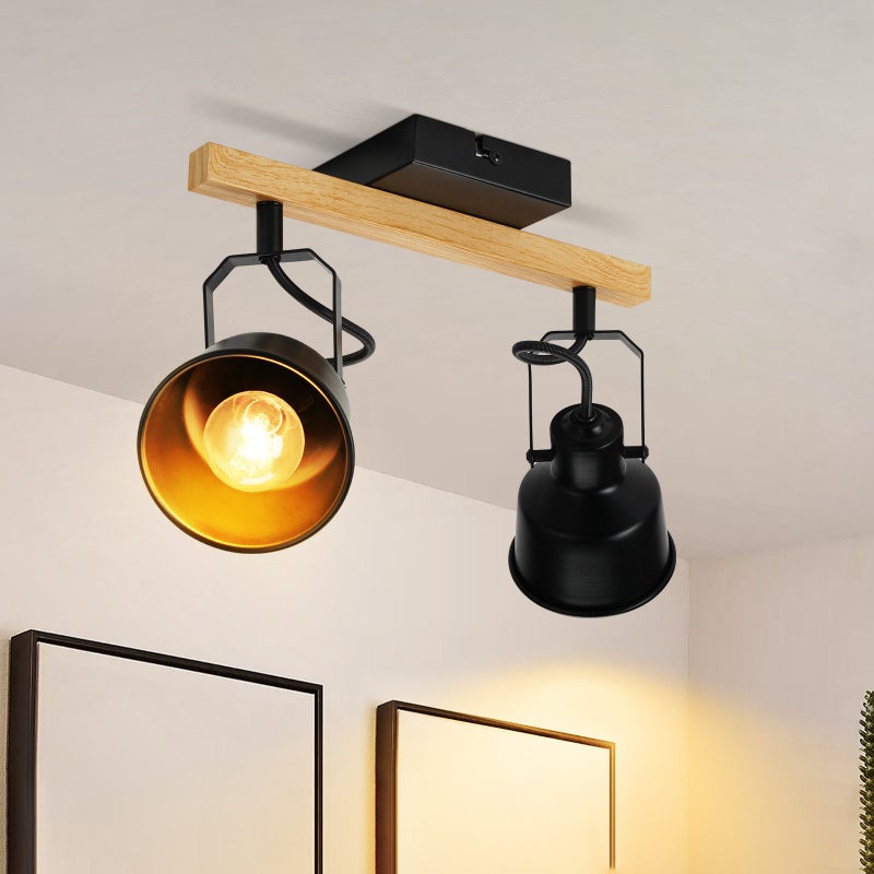 NETTLIFE Reflektorowa sufitowy 2 płomienie 350° Regulowany Vintage Gniazdo E14 Wysokiej jakości design w drewnie o usłojeniu