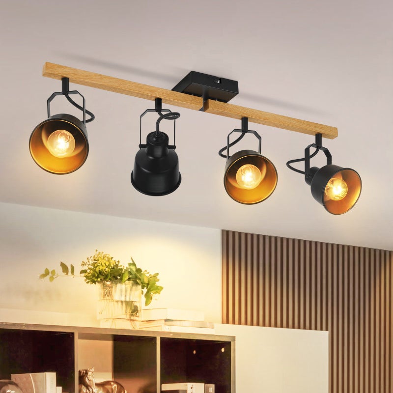 NETTLIFE Reflektorowa sufitowy 4 płomienie Regulowany 350° Vintage E14 Wysokiej jakości design w drewnie o usłojeniu