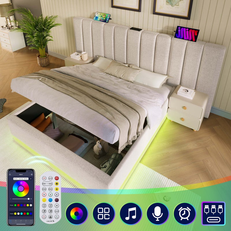 Łóżko z pojemnikiem 160 x 200 cm i dużym zagłówkiem - Lampka do czytania i gniazda USB + Type-C - Diody LED - Tkanina lniana - Beżowy (bez materaca)