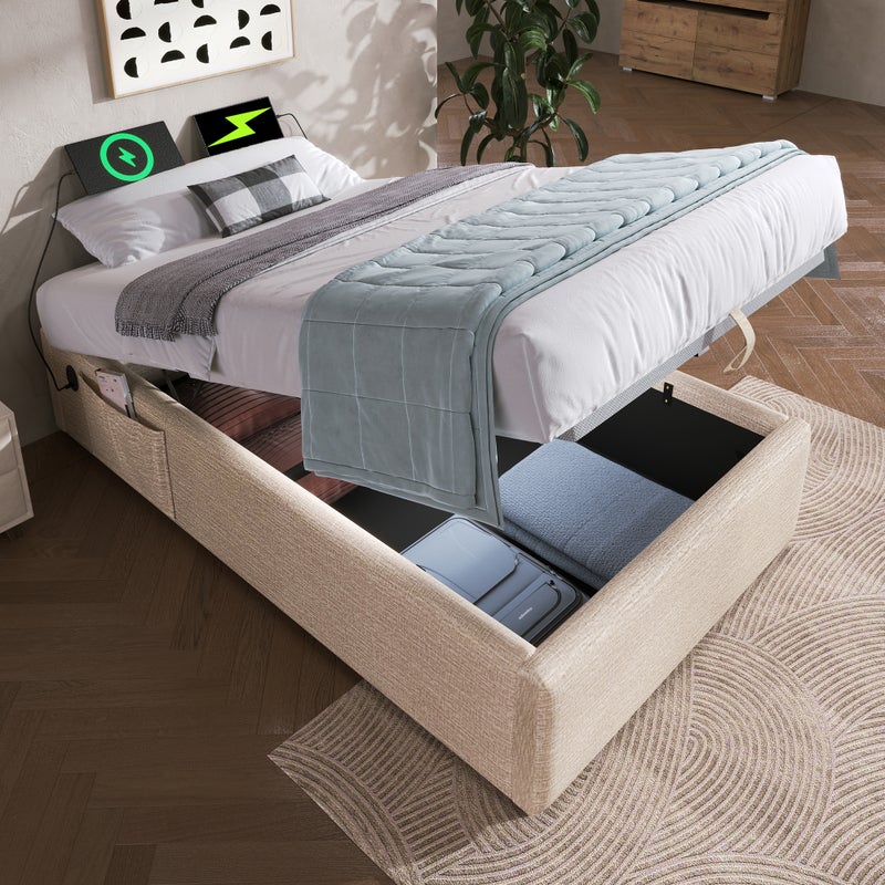 Łóżko z pojemnikiem 90 x 190 cm bez zagłówka - 2 kieszenie boczne i gniazda USB + Type-C - Tkanina lniana - Beżowe (bez materaca)