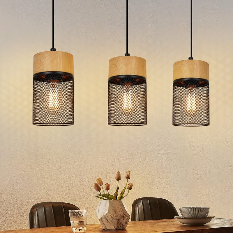 NETTLIFE Lampa wisząca Vintage Drewno Słoje Stół Jadalny Czarny Industrial E27 25W Lampa wisząca