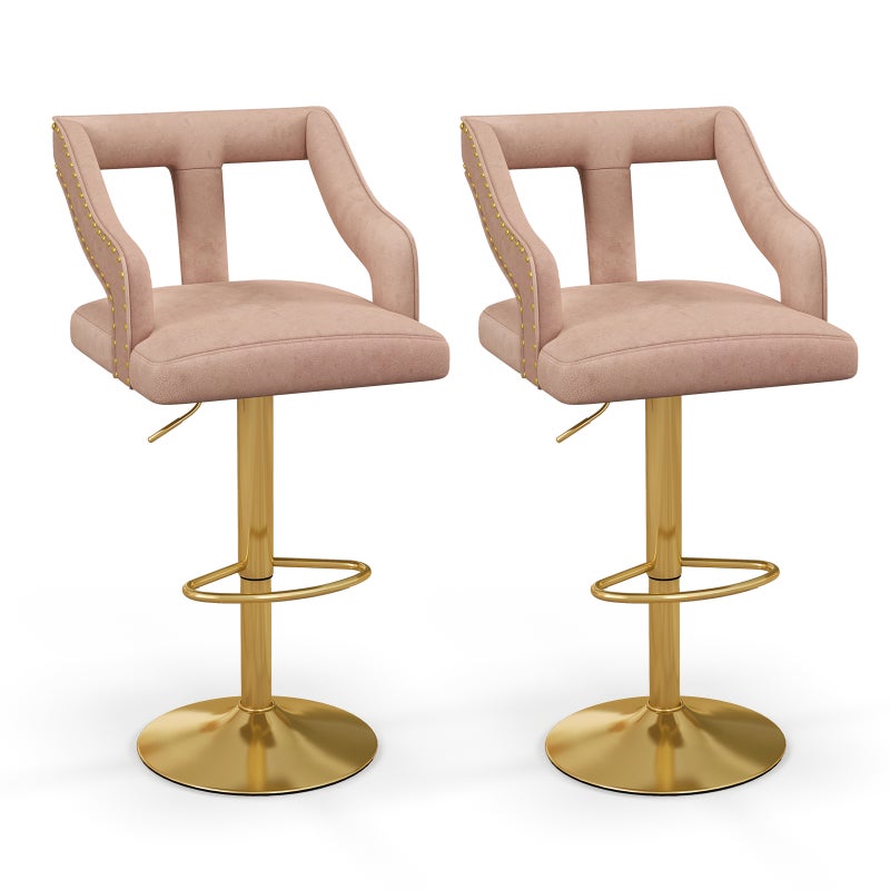 Zestaw 2 stołków barowych, obrotowe krzesła barowe 63-85 z regulacją wysokości, stołki kuchenne z aksamitu z podnóżkiem i oparciem, (2, różowe)