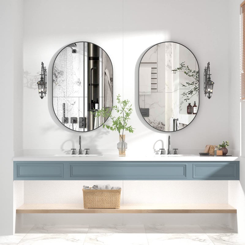 Lustro łazienkowe owalne CASILANDO 50 x 75 cm, metalowa rama, proste lustro ścienne z aluminiową ramą, czarne