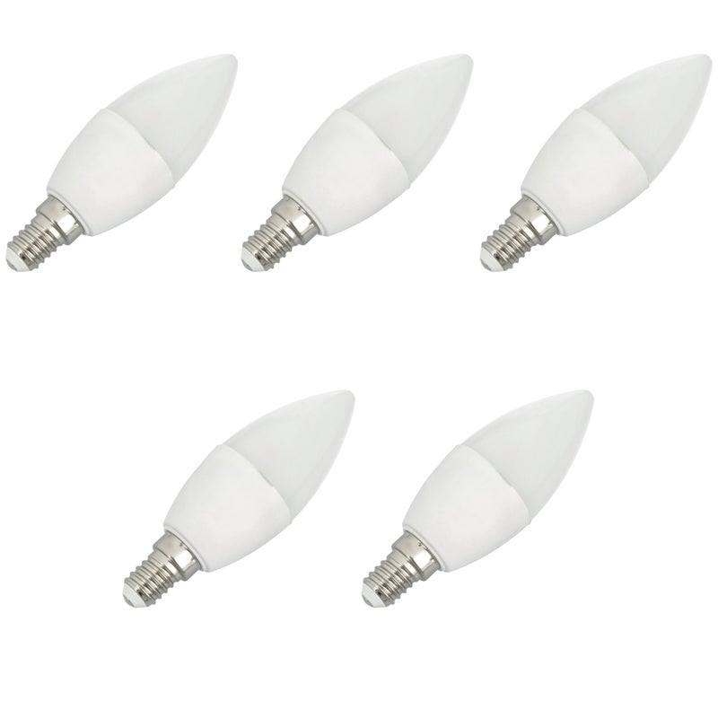 Zestaw x5 żarówek LED E14, cienkie gniazdo, typ świecowy, 4W C37, przysłona 330º (neutralna biel 4000K)