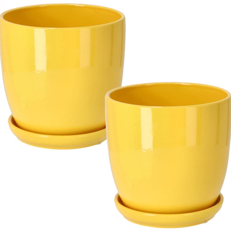 Zestaw 2 szt doniczka donica osłonka ceramiczna z podstawką ø 150 mm żółta - KOTARBAU