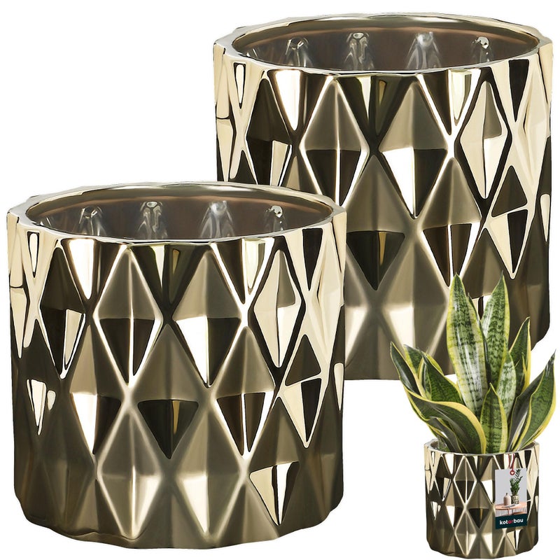 Zestaw 2x donica doniczka osłonka 12 cm złota ceramika szkliwiona dekoracja - KOTARBAU