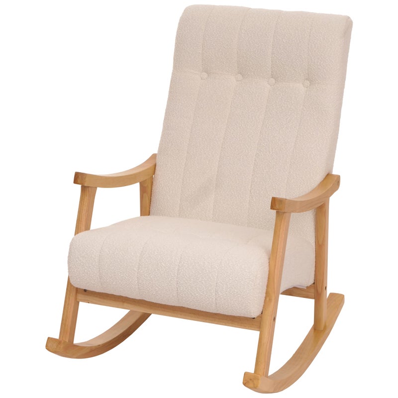 Fotel bujany HWC-K10, fotel relaksacyjny, drewno MVG tkanina/tekstylia bouclé (450 g/m²) ~ kremowy, stelaż naturalny