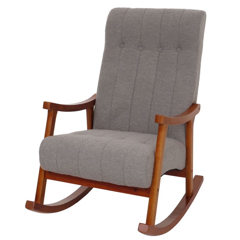 Fotel bujany HWC-K10, fotel relaksacyjny, drewno MVG tkanina/tekstylia bouclé (450 g/m²) ~ szary, stelaż w kolorze orzecha włoskiego