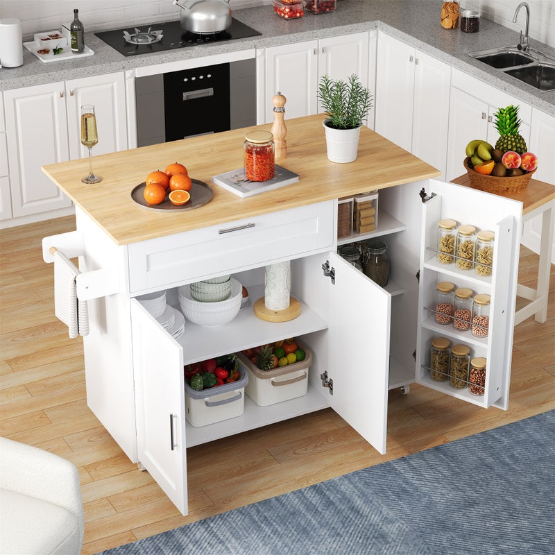 Mobilna wyspa kuchenna z 3 drzwiami i 1 szufladą - Wysuwany blat - 132,5x44(70)x90 cm - Drewno MDF - Kolor biały i naturalny