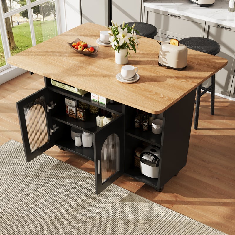 Mobilna wyspa kuchenna z 2 drzwiami i otwartymi półkami - Rozkładany blat - 120x30(70)x79,5 cm - Drewno MDF - Kolor czarny i naturalny