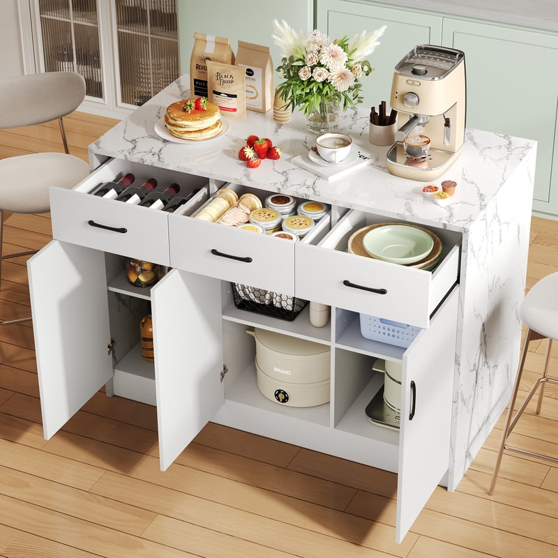 Wyspa kuchenna z 3 drzwiami i 3 szufladami - 112 x 60 x 90,5 cm - Blat imitujący marmur - Drewno MDF - Biały