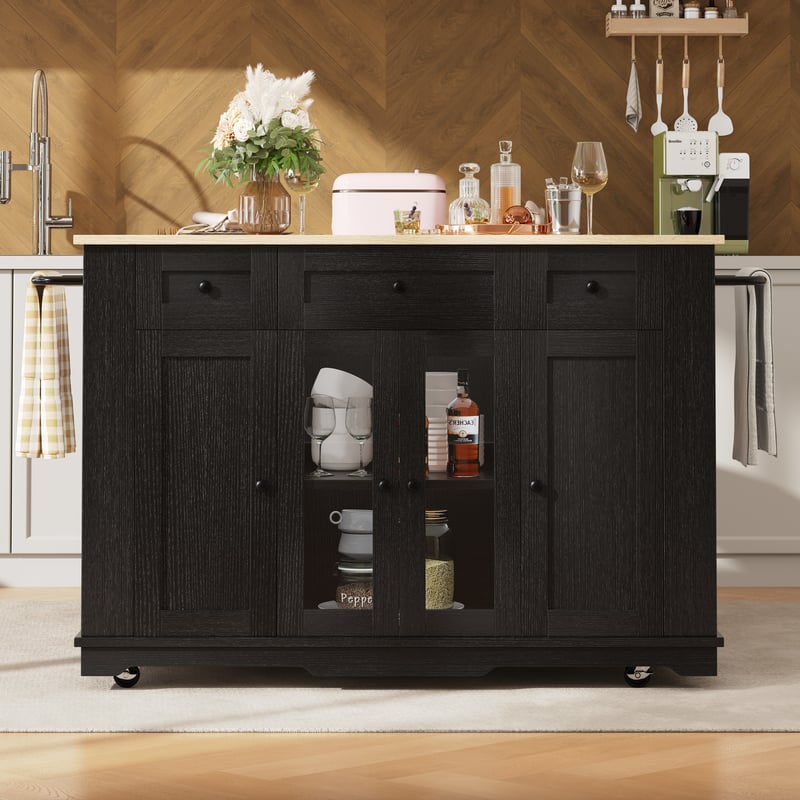 Mobilna wyspa kuchenna z 4 drzwiami, 3 szufladami i półkami bocznymi - Wysuwany blat - 151,5x60(85)x91,7 cm - Płyta MDF + szkło - Czarna