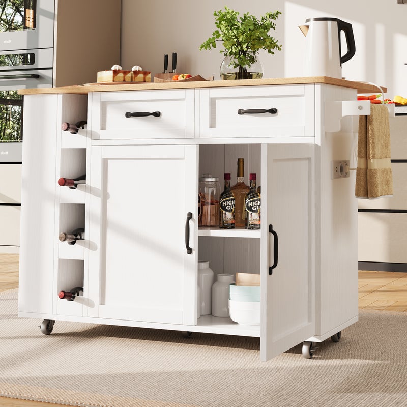 Mobilna wyspa kuchenna z 2 drzwiami, 2 szufladami i 4 uchwytami na butelki - 131,5x43(76)x90,7 cm - MDF - Biały i naturalny