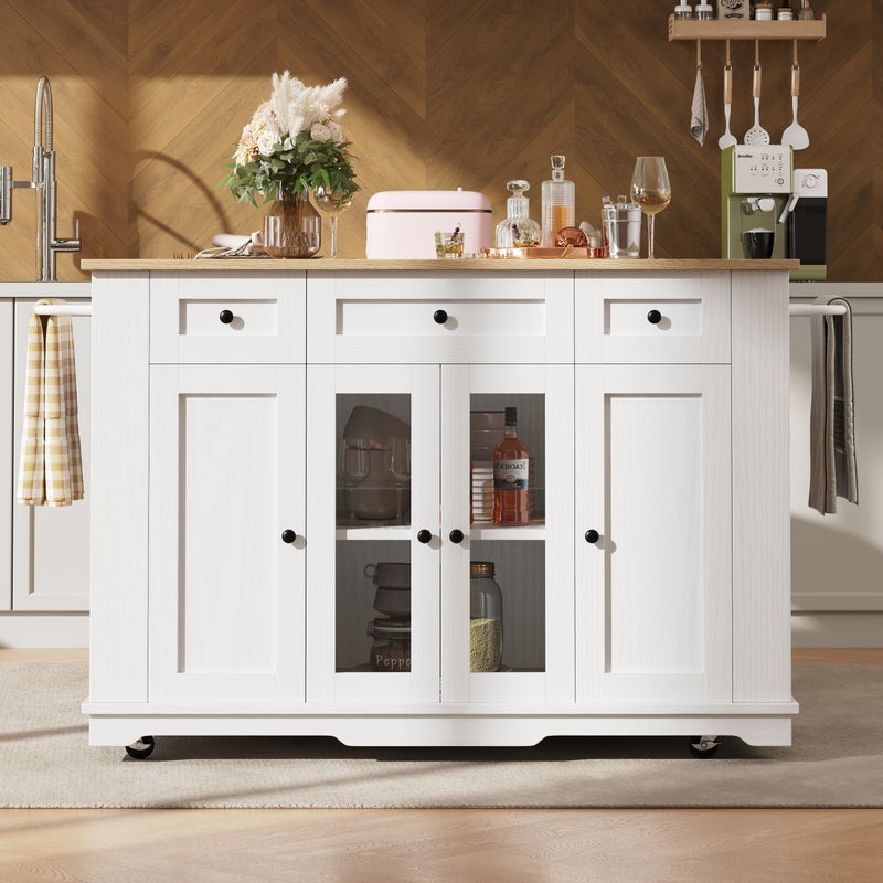 Mobilna wyspa kuchenna z 4 drzwiami, 3 szufladami i półkami bocznymi - Wysuwany blat - 151,5x60(85)x91,7 cm - Płyta MDF + szkło - Biała